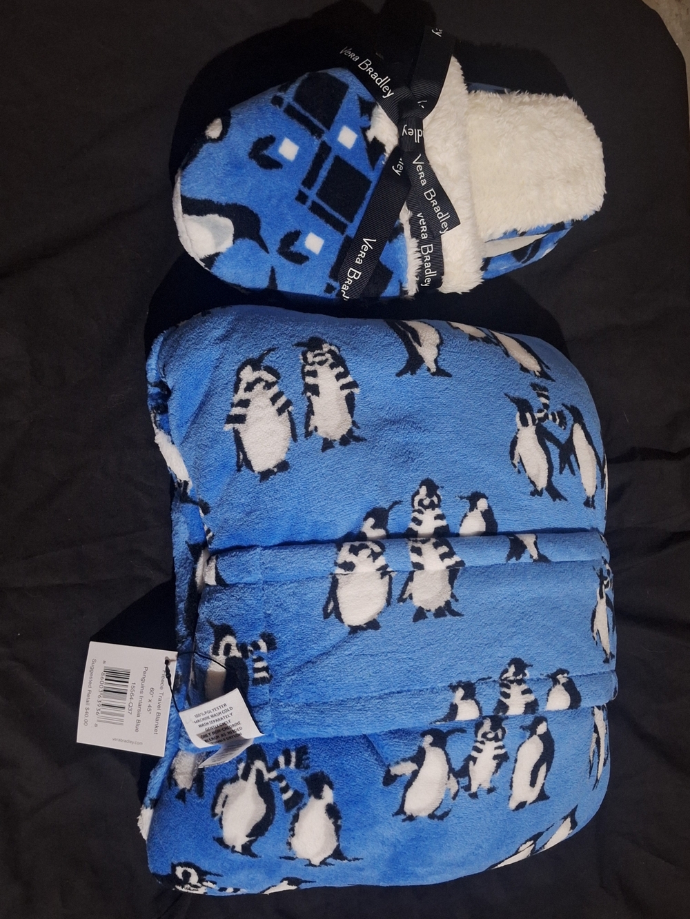 Vera Bradley Blue Penguin Fleece Travel Blanket and slipper set